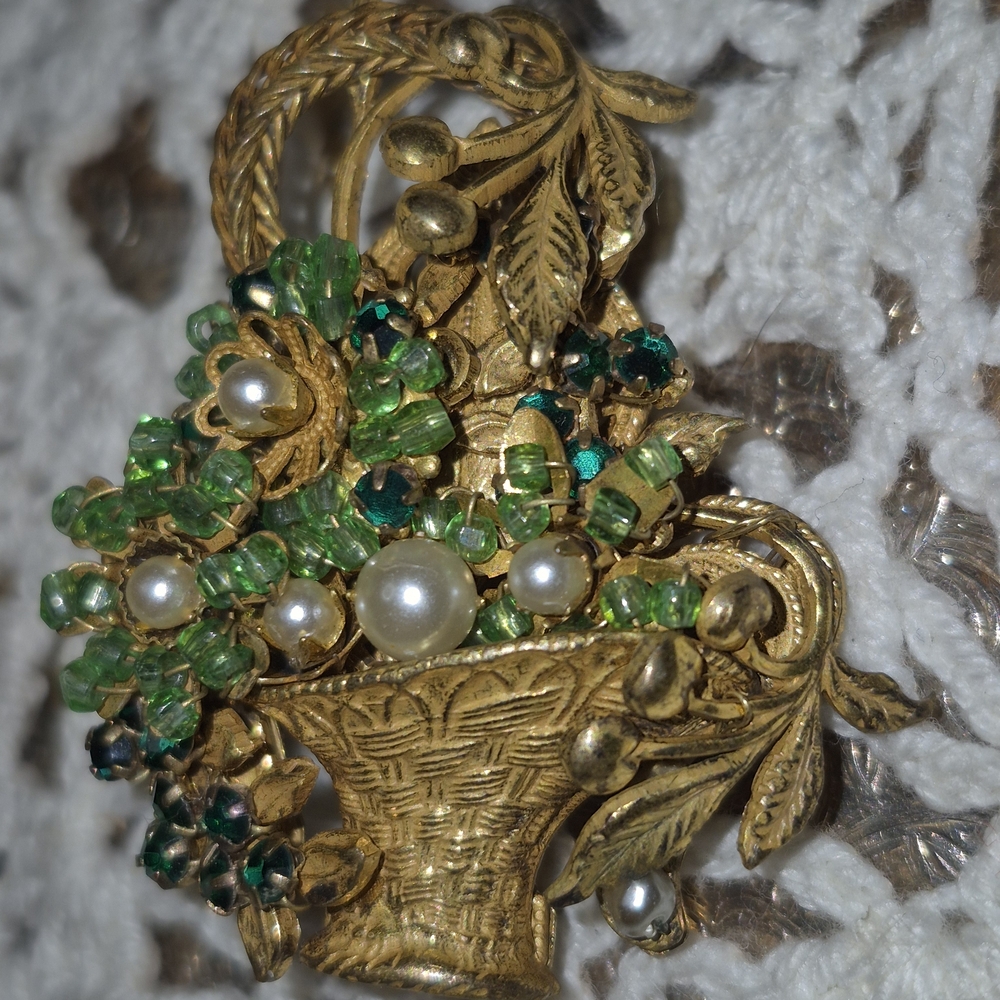 Miriam Haskell Vintage Gold-Tone Basket Floral Brooch Green Stones and Pearls